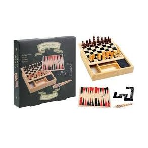4-i-1 br�tspil. Skak, Backgammon, domino, mikado. I FSC tr�. 17x17x3cm