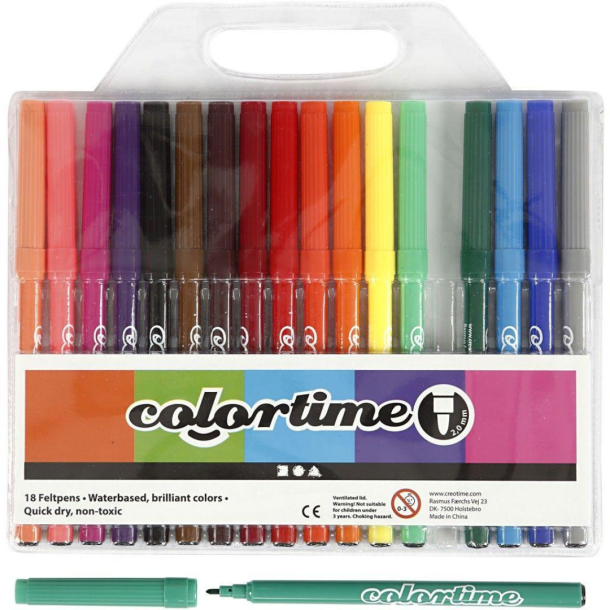 Colortime tusch 18 stk ass farver. 2 mm stregtykkelse