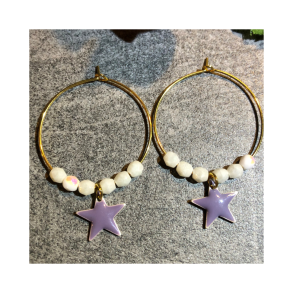 Creol med hvide glasperler og lilla emalje stjerne  28 mm forgyldt sterling slv