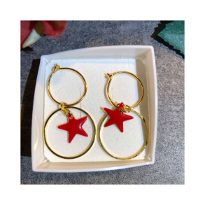 Creoler i Forgyldt Sterling Slv m. Rd Emaljestjerne  15/20 mm