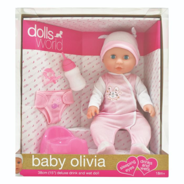 Baby Olivia dukke. 38 cm fra Dolls World. Med hrd krop. Fra 18 mdr. +