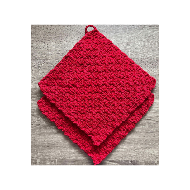 Hklede grydelapper. 100%  bomuld. Ca 20x20 cm. St a 2 stk. R&oslash;d