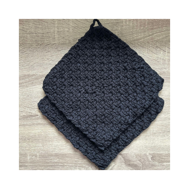 Hklede grydelapper. 100%  bomuld. Ca 20x20 cm. St a 2 stk. Sort