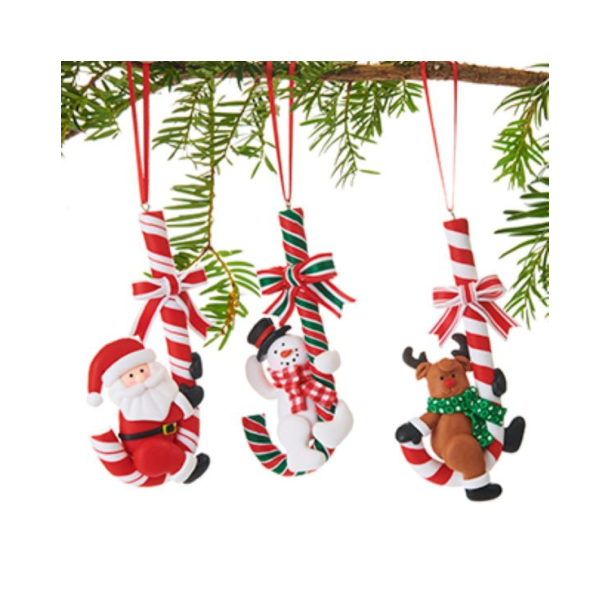 Julefigur på sukkerstok m/snor. 12 cm. Fimo ler.