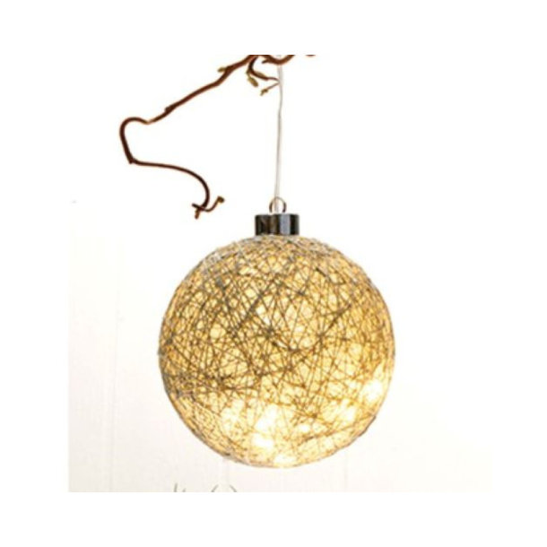 Julekugle i plast med gr snor.12 cm m/ledlys