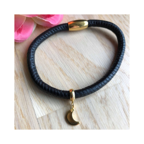 Lderarmbnd 5 mm m/forgyldt halvmne og magnetls. 