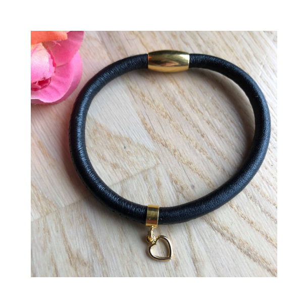 Lderarmbnd 5 mm m/forgyldt magnetls og forgyldt hjerte