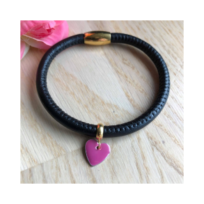Lderarmbnd 5 mm m/lilla emalje hjerte og forgyldt magnetls