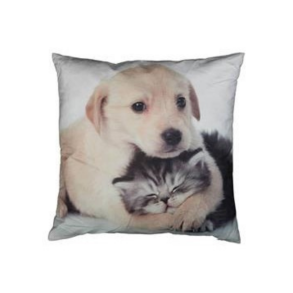 Pyntepude. Str. 30x30 cm. Motiv: Hundehvalp og Kattekilling