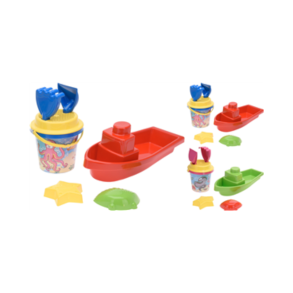 Sandlegetj. St med 7 dele. Spand, rive, skovl, si, grnt skib, 2 forme