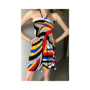 Kjole. Sort/gul/rd/sort stribet. Bindes i nakken