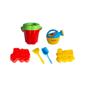 Sandlegetj. St med 7 dele. Spand, rive, skovl, vandkande, si, 2 forme