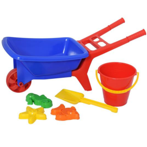 Trillebr med legetj. St a 6 dele. Trillebr, spand, skovl, 3 forme. Mrk: Plasto